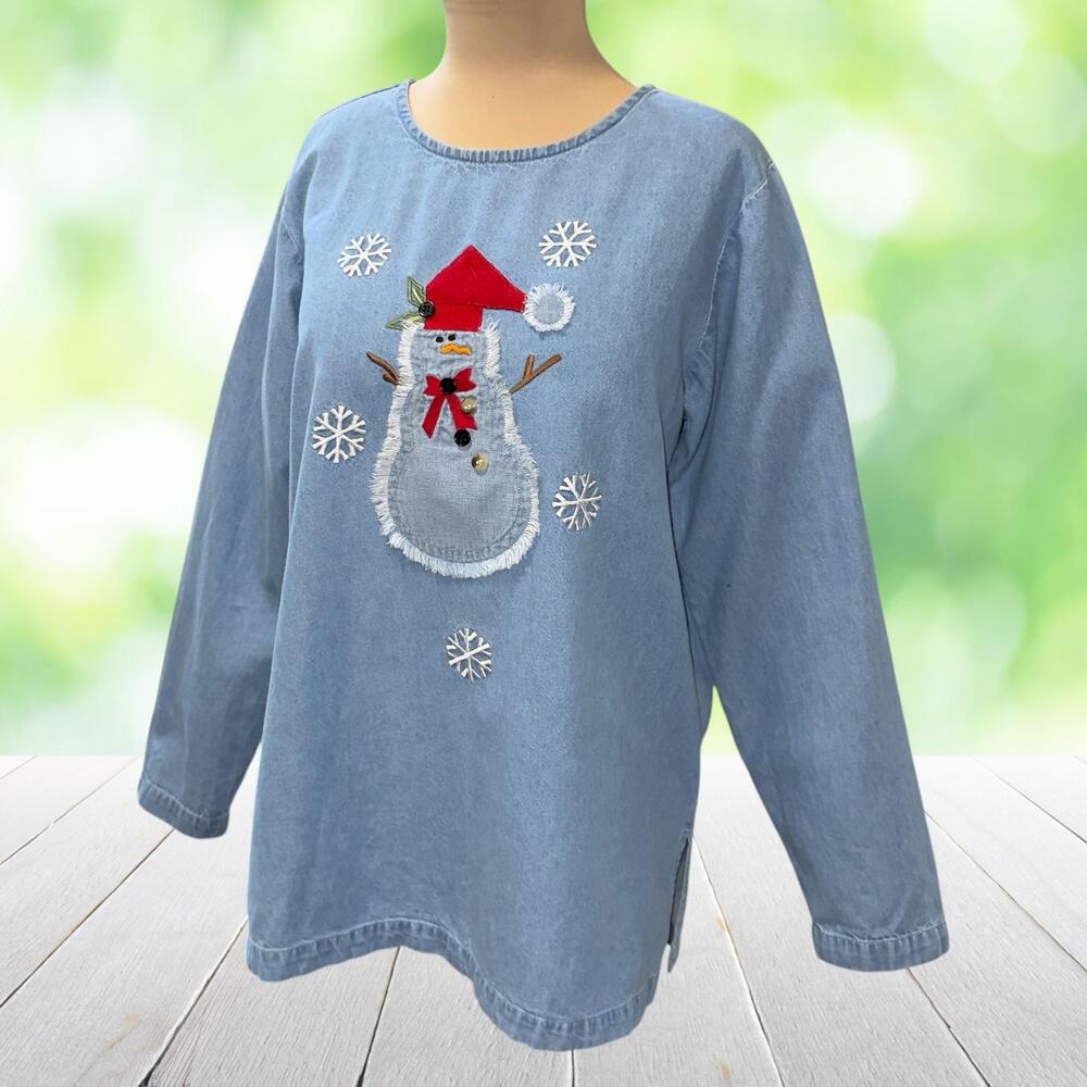 Vintage Y2K QUACKER FACTORY Christmas Tunic Top Denim Snowman Applique Size M